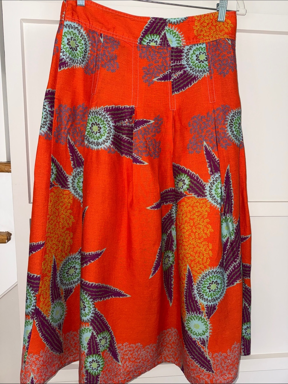 Marie Oliver Bright Orange Linen Maxi Skirt with Purple & Green Floral Motif